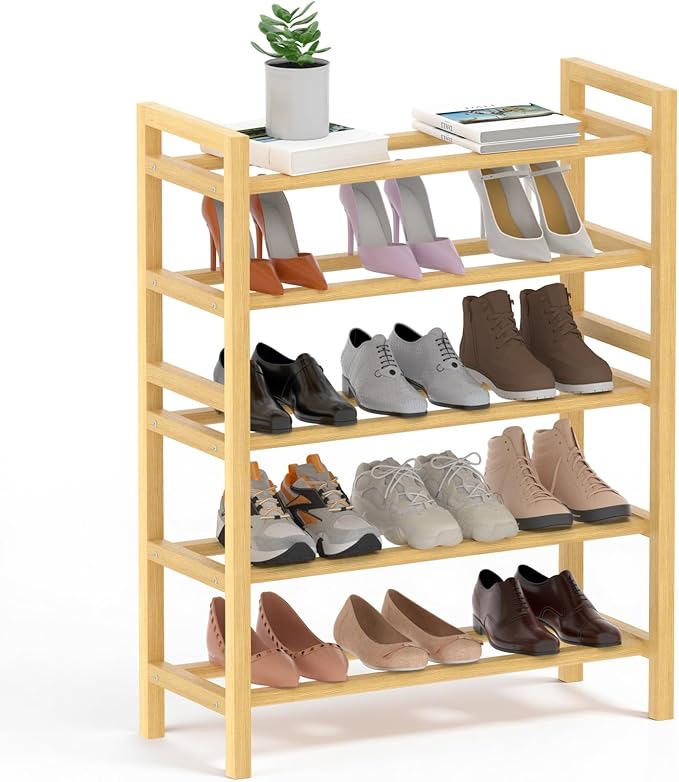 Haddockway Bamboo Shoe Rack for Closet, Free Standing Shoe Organizer with Smooth Round Rods & Convenient Handles, Stackable Shoe Storage Shelf for Entryway, Hallway(Natural, 5-Tier)