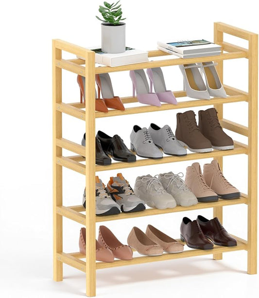 Haddockway Bamboo Shoe Rack for Closet, Free Standing Shoe Organizer with Smooth Round Rods & Convenient Handles, Stackable Shoe Storage Shelf for Entryway, Hallway(Natural, 5-Tier)