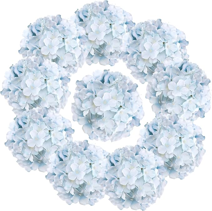 Fake Blue Hydrangea Artificial Flowers - Faux Silk Hydrangeas Flowers Heads with Stems Real Touch for Home Wedding Party Table Decor(Light Blue,Pack of 10)