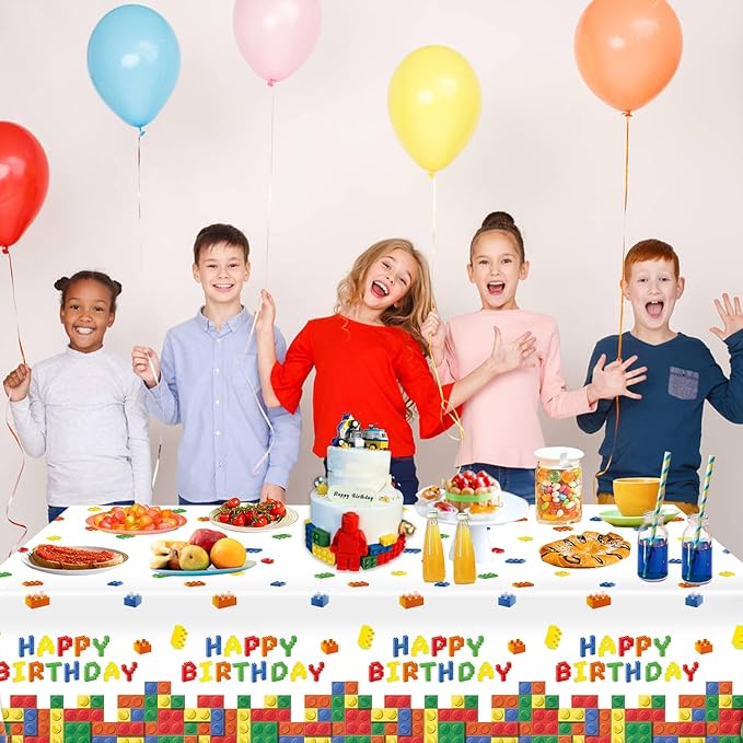 3 Pack Building Block Party Tablecloth Building Block Disposable Plastic Table Cover for Children Kids Blocks Birthday Party Supplies, 54 x 108 Inch