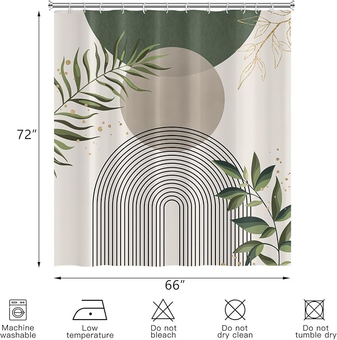Boho Mid Century Shower Curtain, Green Pink Modern Minimalist Abstract Geometric Gold Plant Leaves Sun Arch Bathroom Curtains Waterproof Fabric Buthtub Curtain Set with Hooks 66" Wx72 L