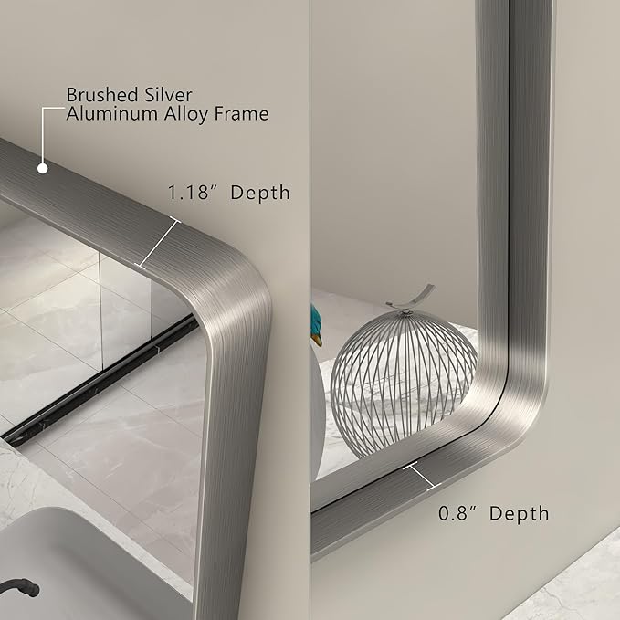 2 Pack of 24x36 Inch Silver Brushed Nickel Bathroom Mirror for Wall, Rounded Rectangle Silver Framed Bathroom Vanity Mirror, Anti-Rust, Shatterproof, Hangs Horizontally or Vertically