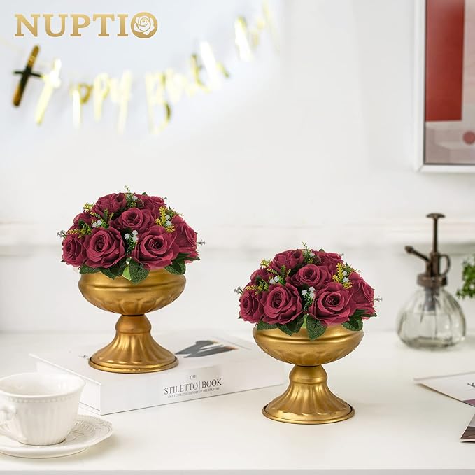 NUPTIO Flower Ball Arrangement Bouquet - 6 Pcs 9.5 inch Diameter Burgundy Fake Flowers Roses Balls for Centerpieces Tables - Artificial Rose Arrangements for Wedding Centerpiece Table Decorations