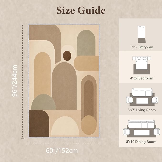 Neutral Geometric Area Rug 5x8, Mid Century Modern Abstract Rug, Soft Taupe Beige Color Block Washable Low Pile Non Slip Rug for Living Room Bedroom