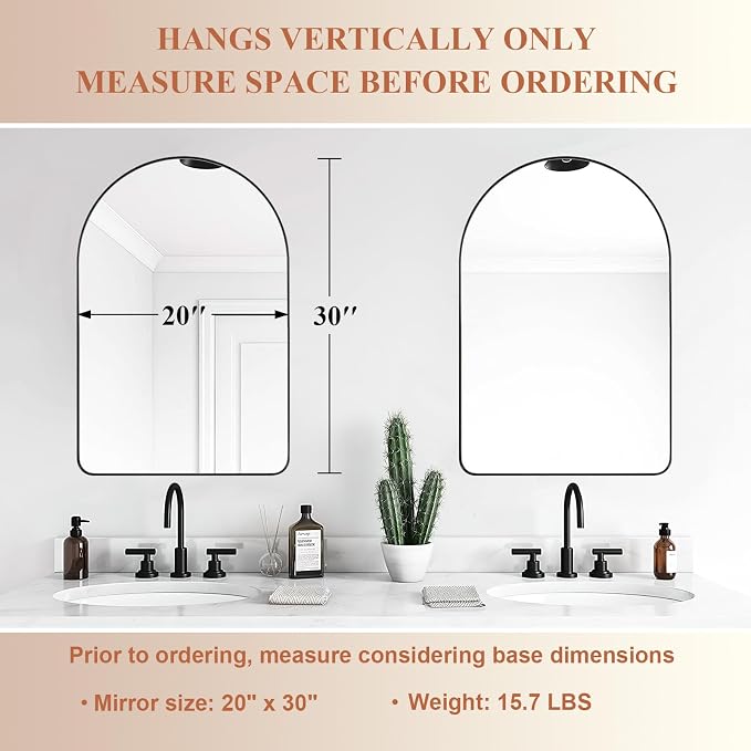 ANDY STAR Arched Mirror, 20 x 30 Inch Black Bathroom Mirror in Stainless Steel Metal Frame, Arch Top Rounded Corner 1 Inch Deep Set Design Wall Mount Hangs Vertical