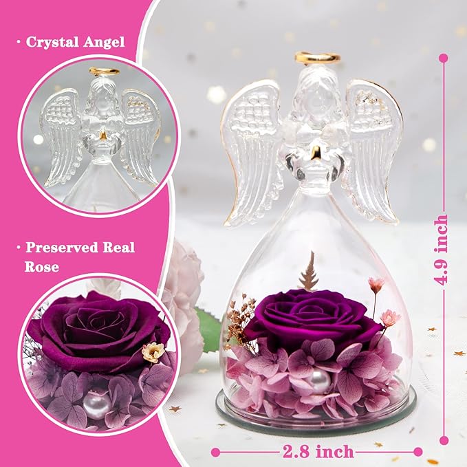 Christmas Women Gifts for Mom Birthday Gifts for Mom,Angel Birthday Gifts for Women Preserved Flower Rose in Glass Angel Figurines with Necklace, Purple Flower Gifts for Grandma Mother Sister Wife Her
