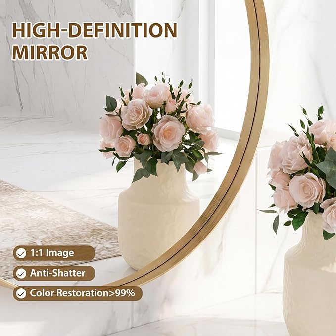 Sweetcrispy Bathroom Round Mirror for Over Sink, 28 Inch Wall Circle Mirror with Matte Metal Frame, Modern Wall Mount Vanity Mirror for Home Decor, Living Room, Bedroom, Gold