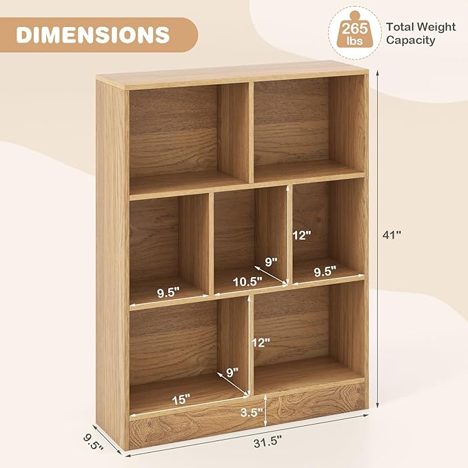 HONEY JOY Kids Toy Storage Organizer, 7-Section Wooden Floor Storage Cabinet, 41” Daycare Toy Chest, 3-Tier Kids Display Bookshelf for Classroom, Playroom & Nursery, Kindergarten (Natural)
