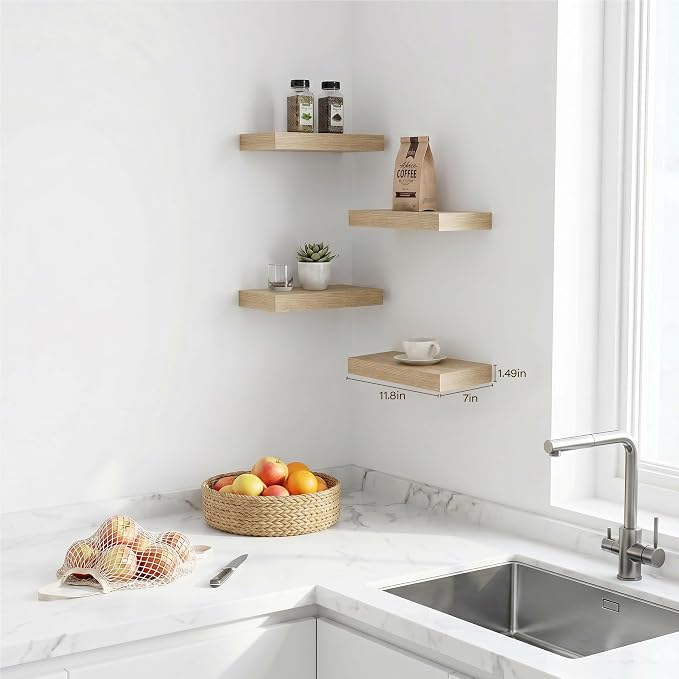 Oak Floating Shelves for Wall Set of 4, 11.8 Inch Small Wood Wall Shelves for Bathroom Over Toilet, Kitchen & Bedroom Storage, Wall Mounted Shelves for Spice Jars, Coffee Bar & Decor