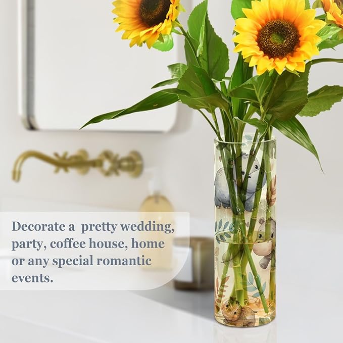 Cute Hippos Flower Vase 3.9" x 11.8" Modern Cylinder Acrylic Vases for Table Centerpiece Kitchen Home Shelf Office Decor