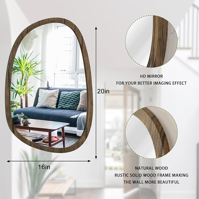 Brown Irregular Mirror for Wall Decor Modern Asymmetrical Wooden Framed Wall Mirror Unique Shape Vanity Artistic Oval Mirror Decorative for Bedroom Bathroom Living Room Entryway Hallway Large