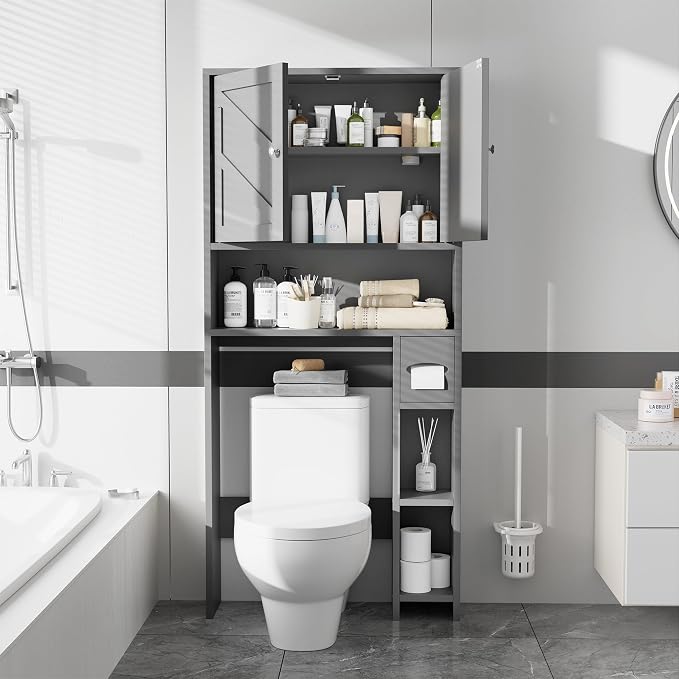 Farmhouse Storage Cabinet Over Toilet with Toilet Paper Holder Stand, Freestanding Bathroom Storage Organizer Cabinet, Grey