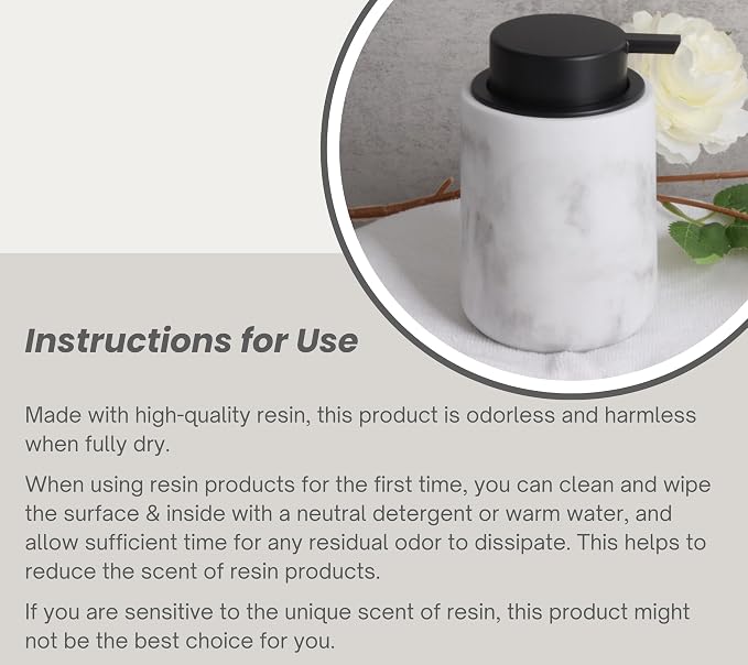 Clasin Home Resin Hand Soap Dispenser Easy-to-Press Liquid Pump, Refillable Soap Dispenser with White Marble Look, Waterproof Bottle Labels for Bathroom Kitchen Dish Lotion (White, 10 oz)