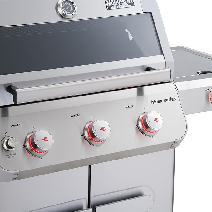 Monument Grills Outdoor Barbecue Stainless Steel 3 Burner Propane Gas Grill, 48,000 BTU Patio Garden Grill with Side Burner and Knob Controls, Mesa305 with Smoker Box