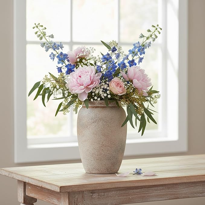 Ceramic Flower Vase,8.5 Inch Rustic Farmhouse Pottery Vase Home Decor Vintage Terracotta Country Decor Vases for Dining Table Decorations Living Room Entryway Kitchen Bedroom Mantel Book Shelf,Neutral