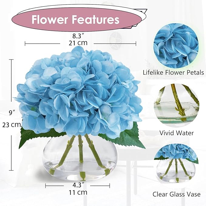 Big Petals Hydrangea Artificial Flowers in Vase, Blue Silk Fake Flowers Silk Centerpiece Table Decorations for Dining Room,Coffee Table Decor,Wedding, Home with Faux Water decorr (Sea Blue)