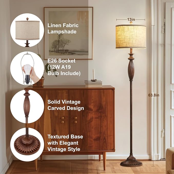 63.8" Vintage Floor Lamp with Rotary Switch, Dimmable Color Temperature Standing Lamp, Retro Farmhouse Floor Lamps for Living Room, Bedroom, Hallway, Office, Room Decor, Dark Wood Grain, Bulb Included