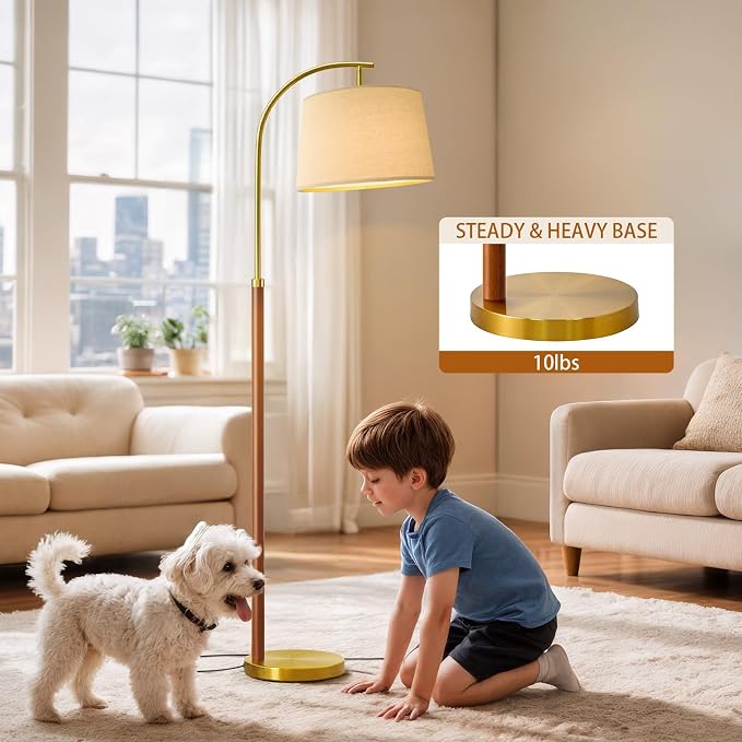 G-SAFAVA Real Wood Floor Lamps for Living Room Bedroom, 62.5" Mid Century Modern Lamp Gold Standing Tall Arc Lamps with Foot Switch, Floor Lamps for Nursery Office Decor Corner Reading Room Light