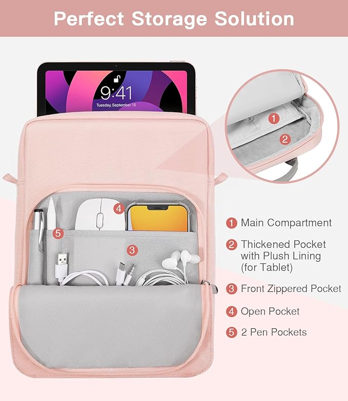 MoKo 12.9 Inch Tablet Sleeve Bag, Fits with 13 Inch New iPad Pro M4 & Air M2 2024,iPad Pro 12.9 M2&M1,Surface Laptop Go 12.4,Galaxy Tab S8+/S9+ 12.4,Handle Carrying Case with Shoulder Strap, Pink