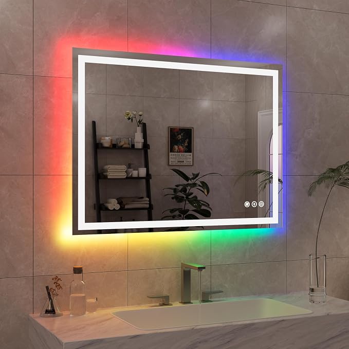 WTTY LED Bathroom Mirror 40"x30" with RGB Backlit and Front Light,Stepless Dimmable LED Mirror for Bathroom,Lighted Bathroom Vanity Mirror,Anti-Fog,Memory Function,Shatter-Proof,Wall Mounted