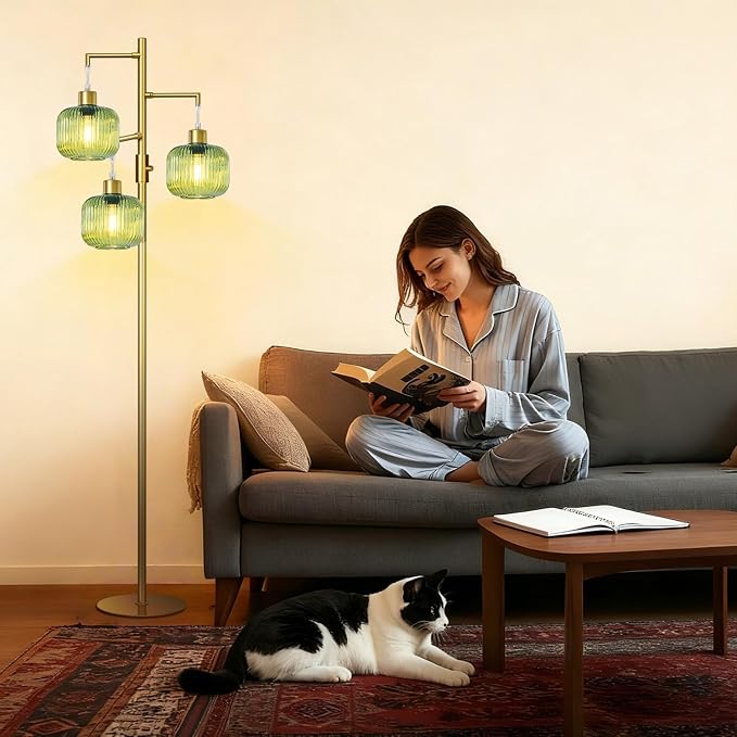 Modern Floor Lamp for Living Room, Dimmable Gold Standing Lamp with Green Glass Shade, Mid Century 3 Lights Tall Lamp, Vintage Retro Floor Lamps for Bedroom, 3×6W Bulbs Included