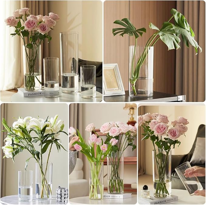 Olrla 2 Sets Tall Transparent Acrylic Flower Vase Height 11.61'', Shatter-Proof Clear Cylinder Vase for Rose and Lily Flowar Arrangement