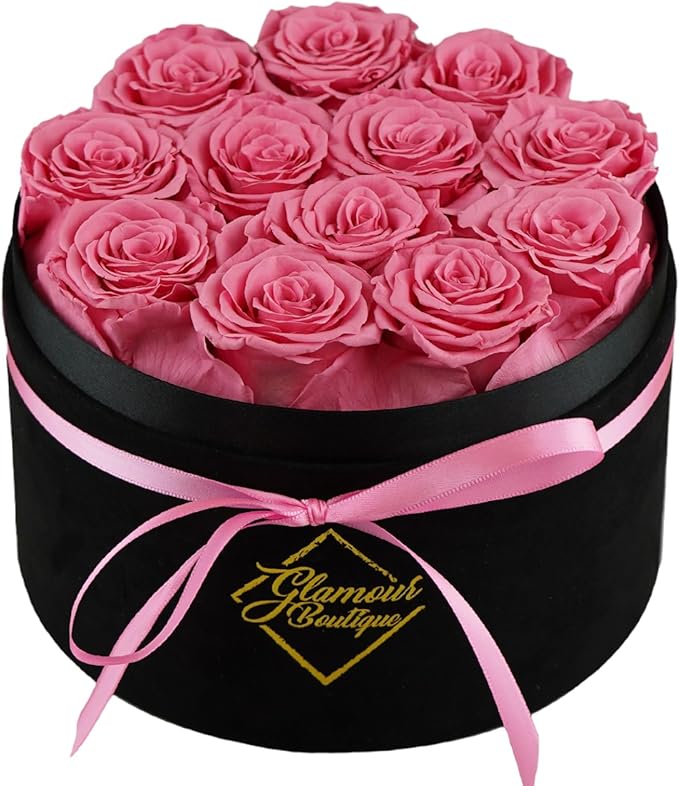 GLAMOUR BOUTIQUE Flowers Forever Gift Box 12 Real Preserved Roses in a Velvet Black Box, Birthday for Her Mom and Wife, Mothers Day, Anniversary, Graduation - Pink