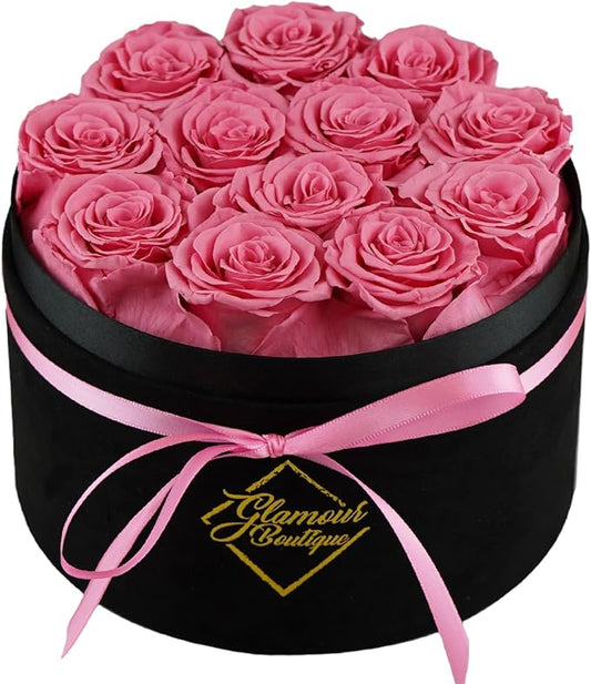 GLAMOUR BOUTIQUE Flowers Forever Gift Box 12 Real Preserved Roses in a Velvet Black Box, Birthday for Her Mom and Wife, Mothers Day, Anniversary, Graduation - Pink