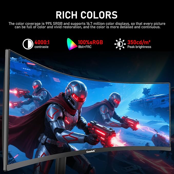 Gawfolk 34 Inch Ultrawide Curved 180Hz Gaming Computer Monitor 1000R PC screen 21:9 UWQHD (3440x1440) ,1ms,100%sRGB,Adaptive Sync,HDMI、Display Port,Liftable Stand,Wall Mount Compatible 75*75mm-Black
