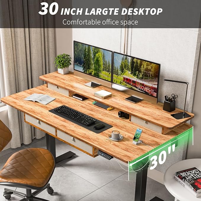 Kingant Standing Desk with Fast Charging USB Ports, 48" x 30" Height Adjustable Home Office & Gaming Desk, Sit Stand Desk with Built-in Storage Shelf, Hook & Ergonomic Design(Light Rustic)