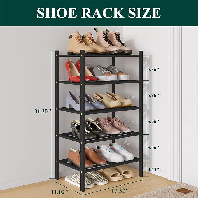 Smiry Small Bamboo Shoe Rack 5-Tier, Stackable Wooden Shoe Organizer for Entryway & Closet, Free Standing Wood Shoe Storage Shelf for Front Door & Small Spaces, Black