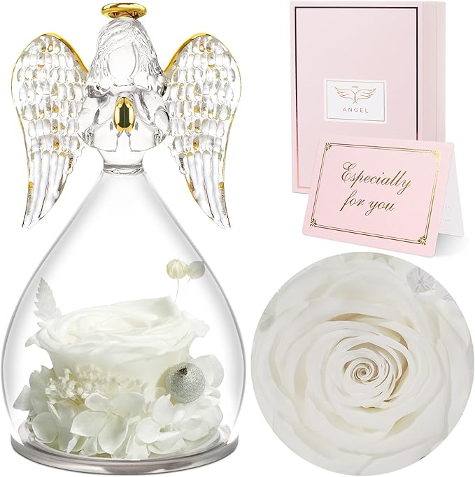 Sunia Preserved Flower Rose Gift for Women - Mother's Day Birthday Gifts for Mom Wife Grandma, Glass Angel Figurines Forever Real Roses Gifts for Her Valentine Day Thanksgiving﻿ (White)