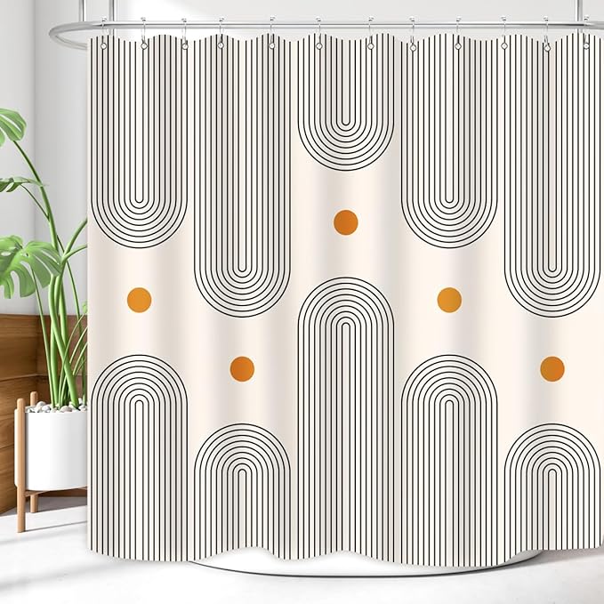 Mid Century Shower Curtain Boho Minimalist Abstract Arch Sun Simple Lines Geometric Modern Beige Bathroom Decor Waterproof Fabric 72Lx72W Inch with 12pcs Plastic Hooks
