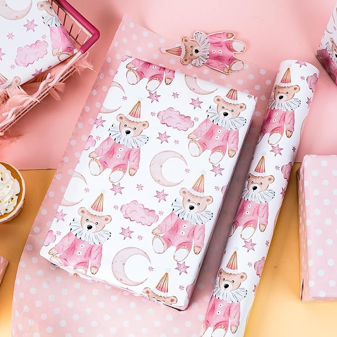 HOMERAL Pink Baby Girl Wrapping Paper Roll - Teddy Bear in Romper & Party Hat with Moon, Star & Cloud Design, Pink Reversible Gift Wrap for Baby Shower, Girls Birthday, Gender Reveal Party - 17 Inch x 33 Feet