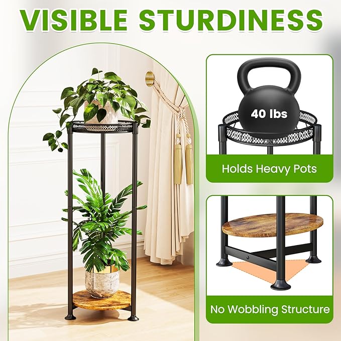 2 Tier Black Plant Stand Indoor,30 Inch Tall Multiple Sturdy Metal Flower Corner Rack for Narrow House Floor Iron Vertical Level Round Orchi Holder Organizer Modern