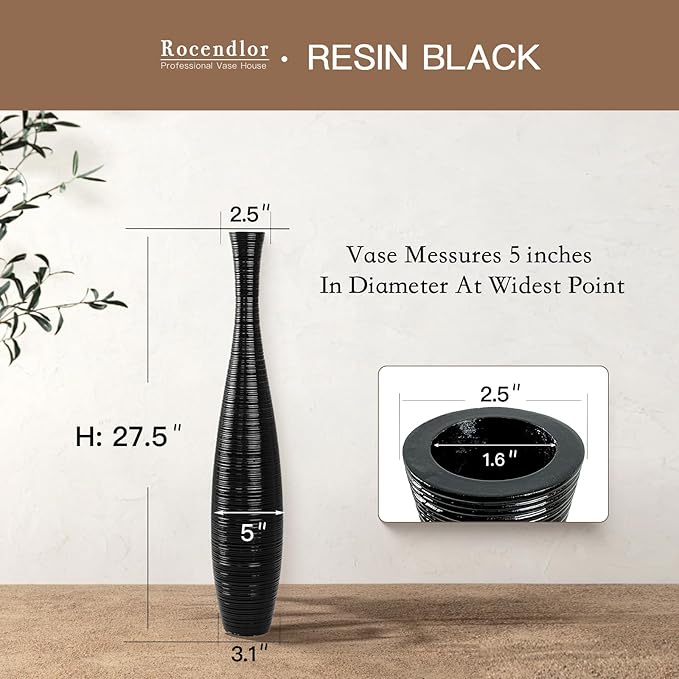 Tall Floor Vase, Large Vases for Rustic Home Decor Modern Farmhouse, Sturdy, Luxury, Textured, Vessel for Decorative Branches Dried Flowers, 27.5 inches Floor Vase for Decor, Black