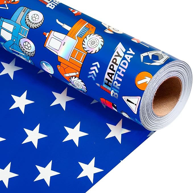 Homeral Blue Construction Truck Birthday Wrapping Paper Roll for Kids, Digger Tractor Truck with Laser Shine & Stars Reversible Gift Wrap for Boys Birthday, Baby Shower - Mini Roll - 17 Inch x 33 Feet