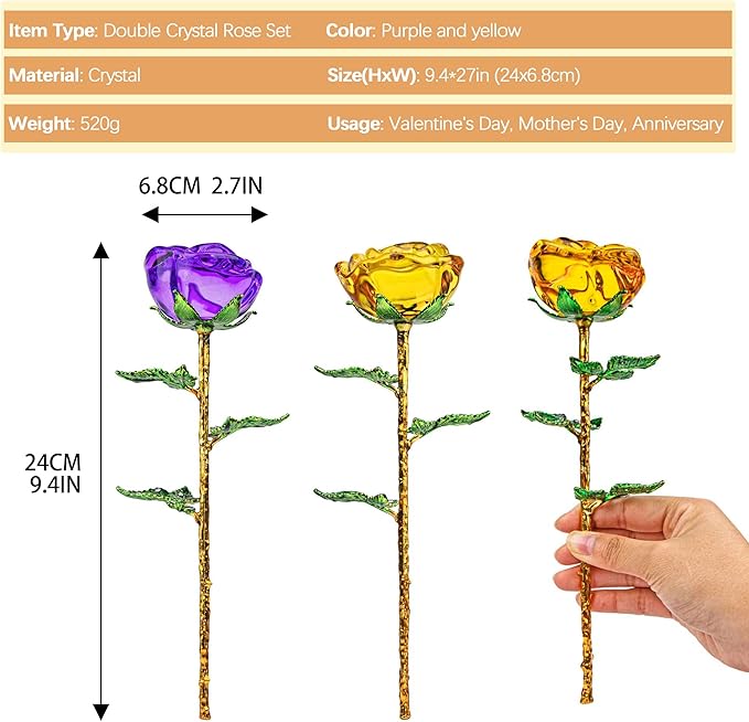 HDCRYSTALGIFTS 9.5'' Crystal Rose Flower Glass Purple and Yellow Flowers with Green Leaves for Wedding Anniversary/Wife, Romantic Forever Gifts for Her (Pack of 2)