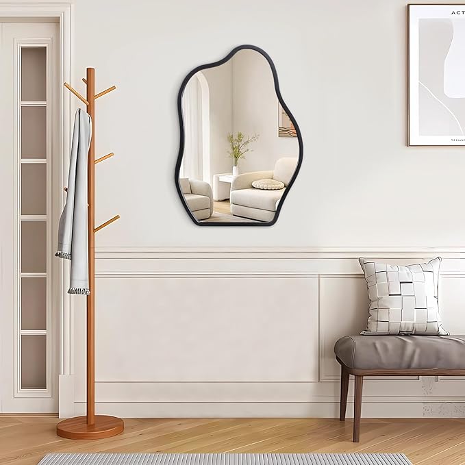 Irregular Mirror for Wall Decor Asymmetrical Wooden Framed Wall Mirror Modern Unique Shape Vanity Artistic Cloud Mirror Decorative for Living Room Bedroom Bathroom Entryway Black