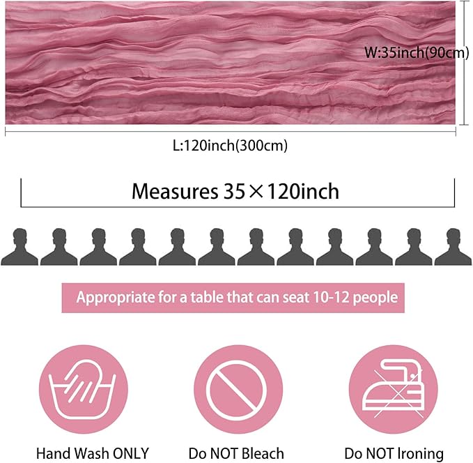 12 Pack 10Ft Cheesecloth Table Runner 35x120 Inch Boho Gauze Table Runner Rustic Cheese Cloth Long Romantic Table Runners for Wedding Bridal Shower Birthday Party Table Decor (Dusty Rose)