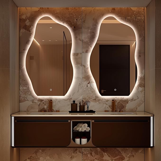 Niccy Irregular LED Bathroom Mirror, 24"x40" Asymmetrical Backlit Vanity Wall Mirrors, Frameless Lighted Mirrors for Bedroom, Living Room, Modern Smart-Mirror with Anti-Fog, Dimmable, Memory Function