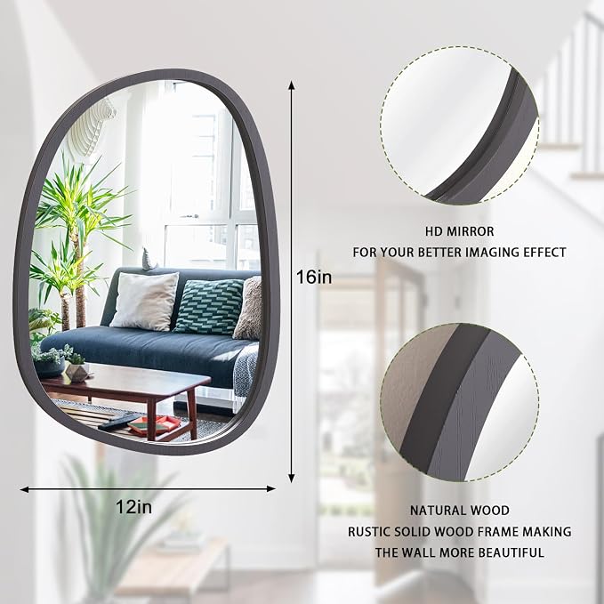 Irregular Wood Frame Asymmetrical Oval Mirror - Unique Modern Wall Mounted Artistic Mirror for Bathroom, Bedroom, Living Room & Entryway - Decorative 16"x12" Grey