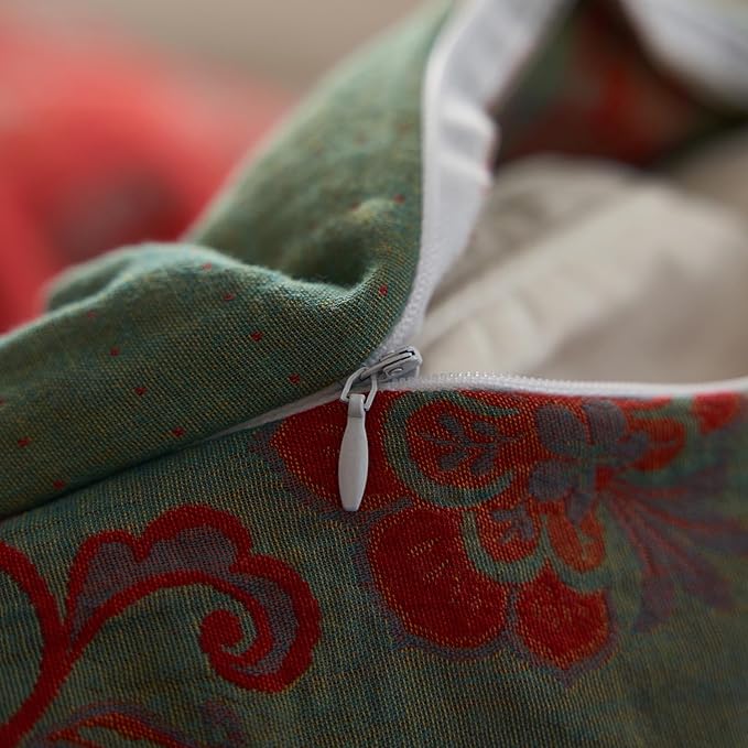 mixinni Exquisite Vintage Red Floral Duvet Cover Queen Size Yarn-Dyed Jacquard Textured Design Duvet Cover Set with Green Edge Design Premium Muslin Cotton-Linen Bedding Set for All Season-Queen Size