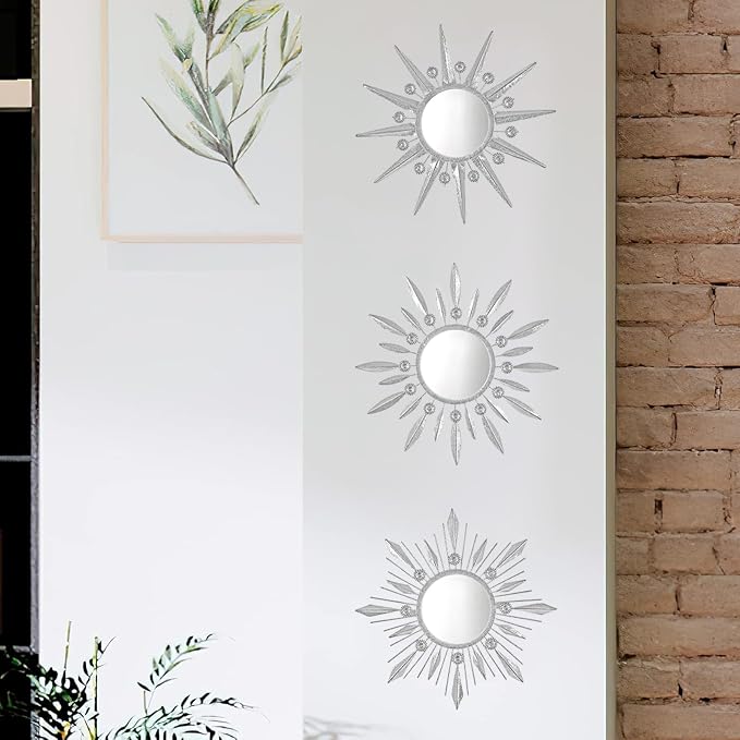 Silver Mirrors Wall Decor, Metal Sunburst Mirror Wall Art Christmas Decorative Mirrors, 9 inch Home Christmas Decoration Rhinestone Small Mirror for Living Room Entryway Set of 3