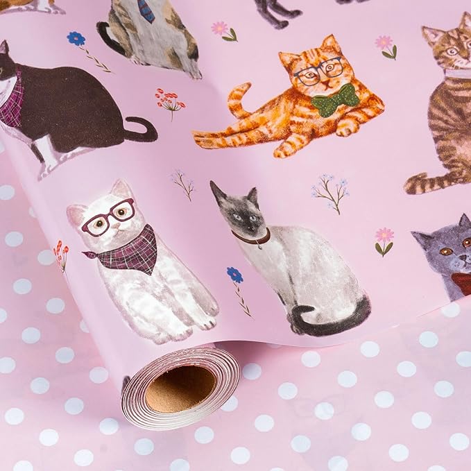 Burymento Pink Lovely Cat Wrapping Paper, Reversible Wave Point Gift Wrap for Birthday, Valentines, Mothers day, Graduation, Wedding, Fathers day, Baby Shower, Christmas (17in x 16.4ft)