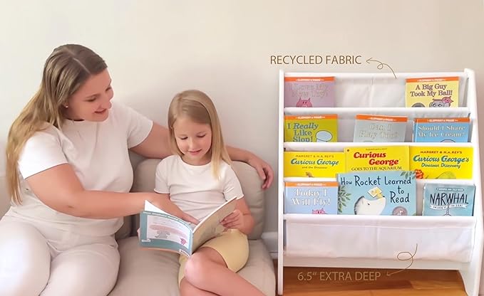UTEX Kids Bookshelf Storage, Book Shelf for Kids Rooms, 4 Tier Sling Bookshelf for Kids, Toddler, Magazine Book Rack, Children Book Organizer, White