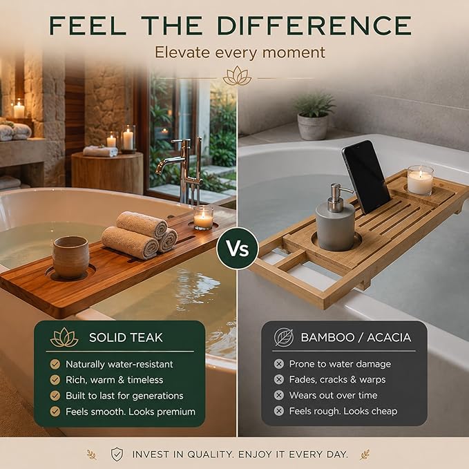 Teak Bathtub Tray for Tub 29” | Bath Tub Tray Wood for Small Tubs, Bath Tray for Tub, Bathtub Trays for Tub, Bath Table Tray for Home Spa | Fjord by JapandiSpirit
