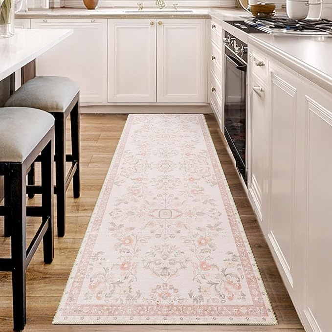 MUJOO Washable Runner Rug for Kitchen Hallways,2x6 Runner Rug Non Slip,Floral Carpet Runner for Bathroom Bedroom Laundry Floor,Long Mat Boho Indoor Vintage Low Pile Pink