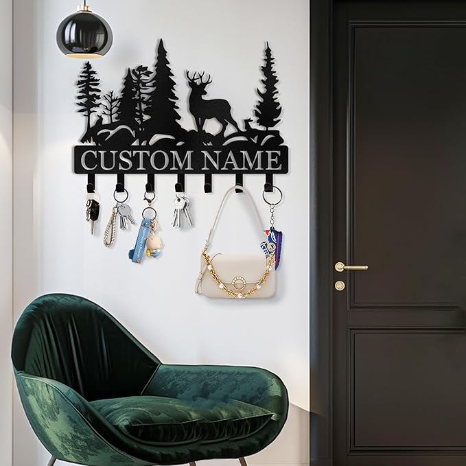Custom Forest Deer Coat Rack Key Organizer, Personalized Metal Key Mount for Wall, Kitchen, Hallway or Doorway, Home Decor Gift