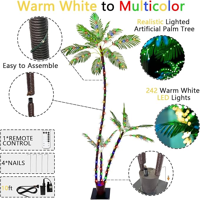 7FT Lighted Artificial Palm Tree with Three Trunks and 242 LED Lights with Remote Control and App Waterproof for Tiki Bars, Patios,Beaches,Yards Pool, Cruise Party-Warm White to Multicolor